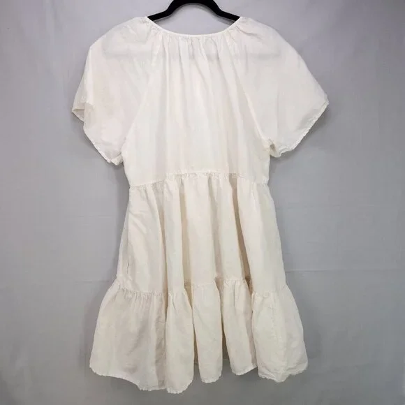 Madewell Tiered Mini Dress Linen Blend Pockets Ivory Size Large Boho Babydoll - Picture 2 of 13